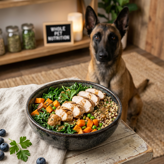 Premium fresh dog food with meat and vegetables, optimized for working breeds like German Shepherds and Malinois