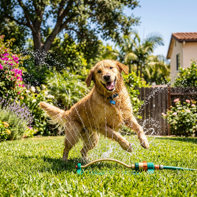 A happy Golden Retriever playing with water in a Los Angeles backyard, demonstrating summer dog safety and activity tips