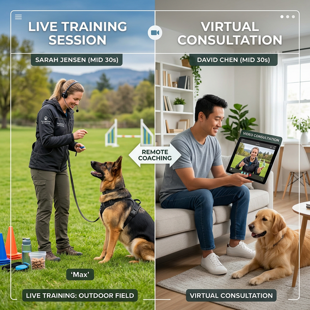 Comparing in-person dog training in a park with convenient online video sessions for Los Angeles owners