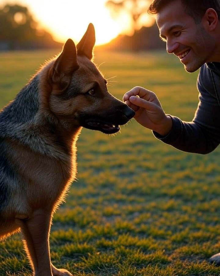 Trainer rewarding a German Shepherd during an outdoor training session at sunset